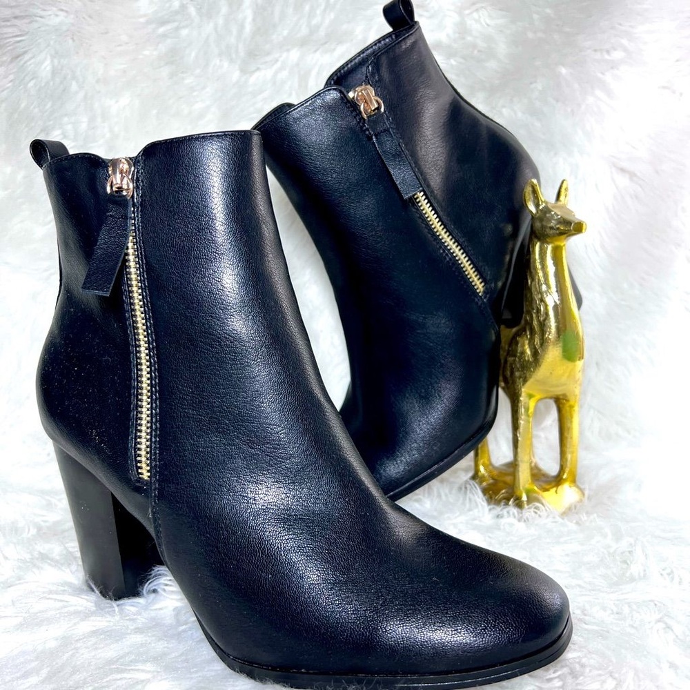 Jessica Cline Black Ankle Booties with Gold Zipper Accent | 10W